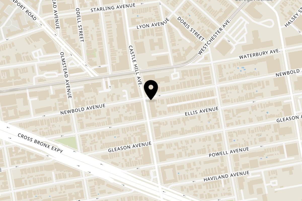 Map showing the location of Melanie's Roti & Grill and Bar on 1248 Castle Hill Ave in Bronx